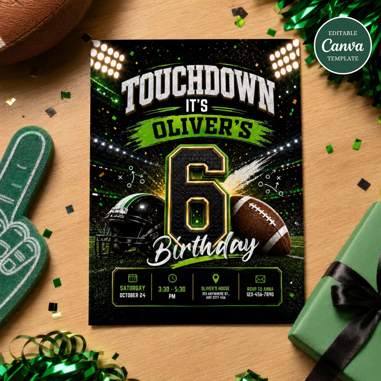 Editable football birthday invitation with touchdown party theme