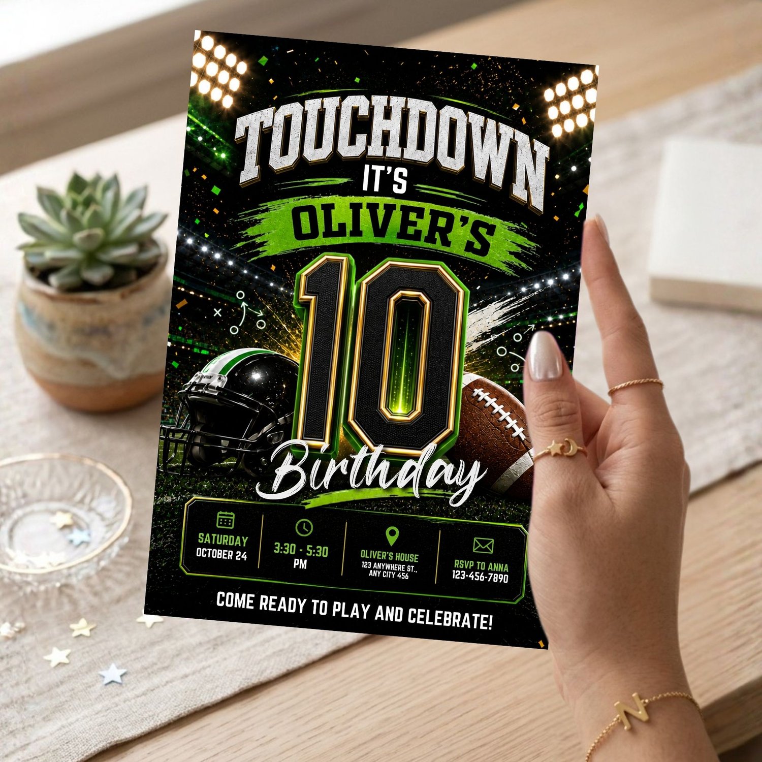 Football birthday party invite Canva template for kids