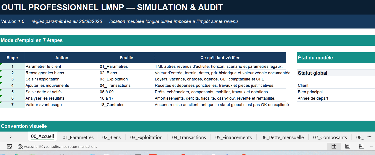 Simulateur LMNP Excel — aperçu de l'outil