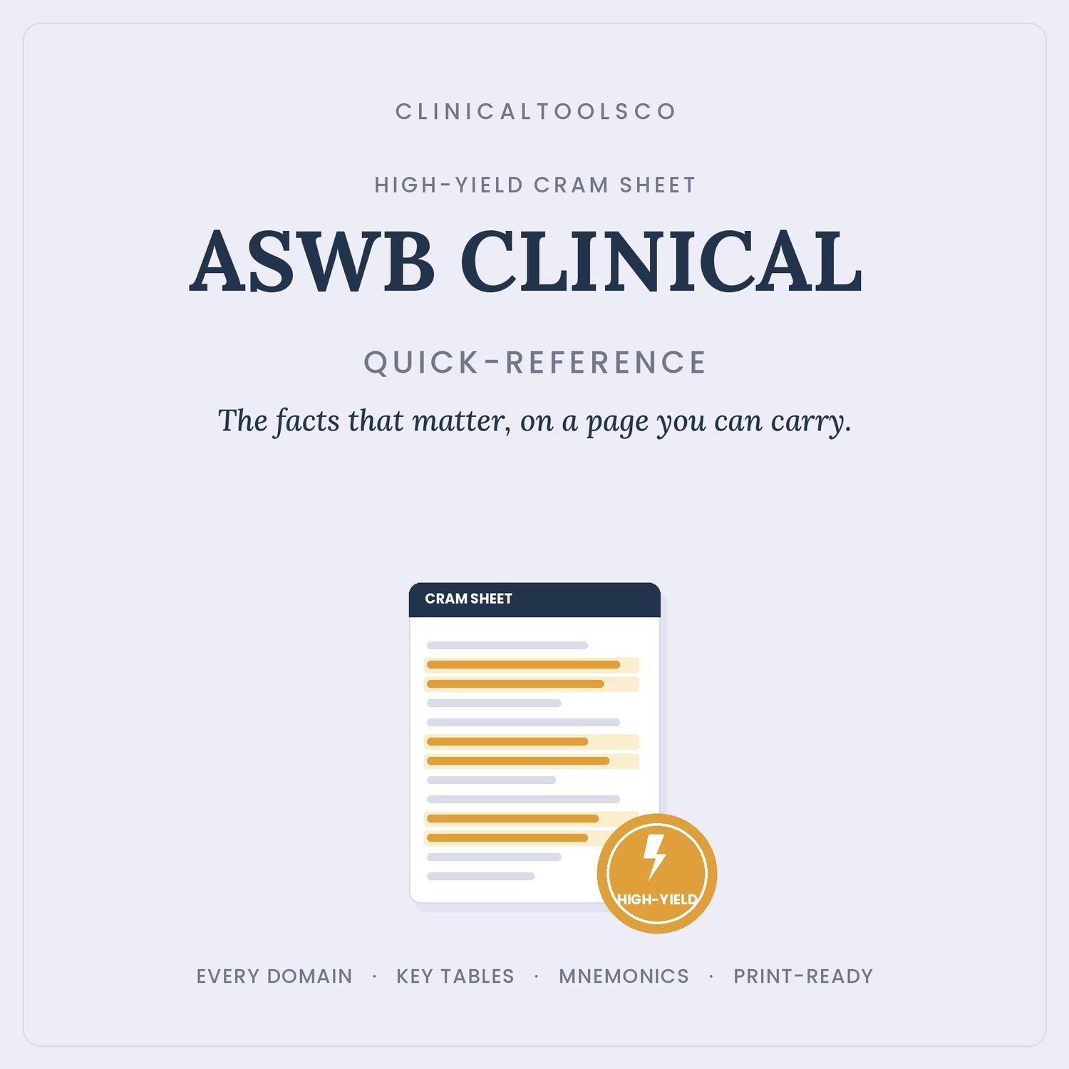 Cover of ASWB Clinical Cram Sheet 2026, LCSW High Yield Facts