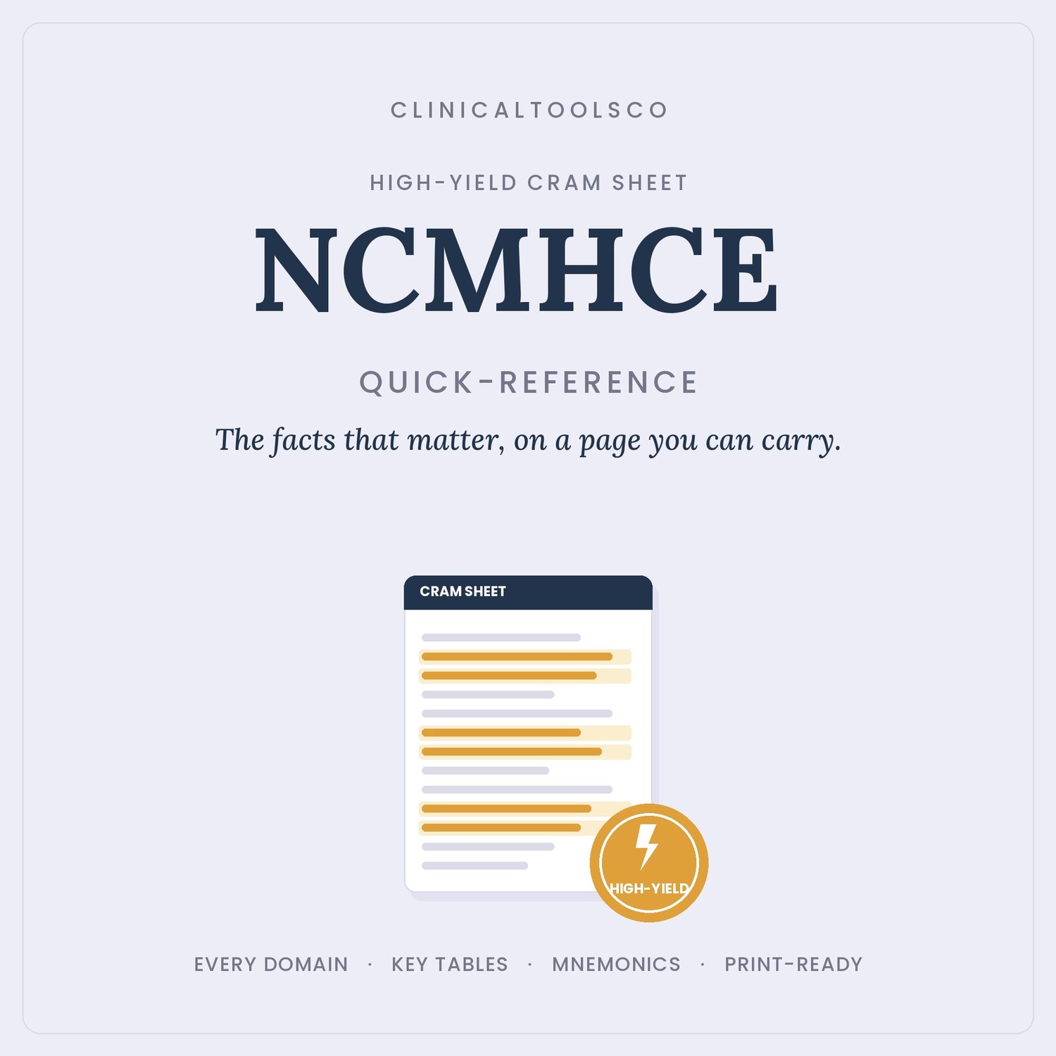 Cover of NCMHCE Cram Sheet 2026, High Yield Facts and Mnemonics