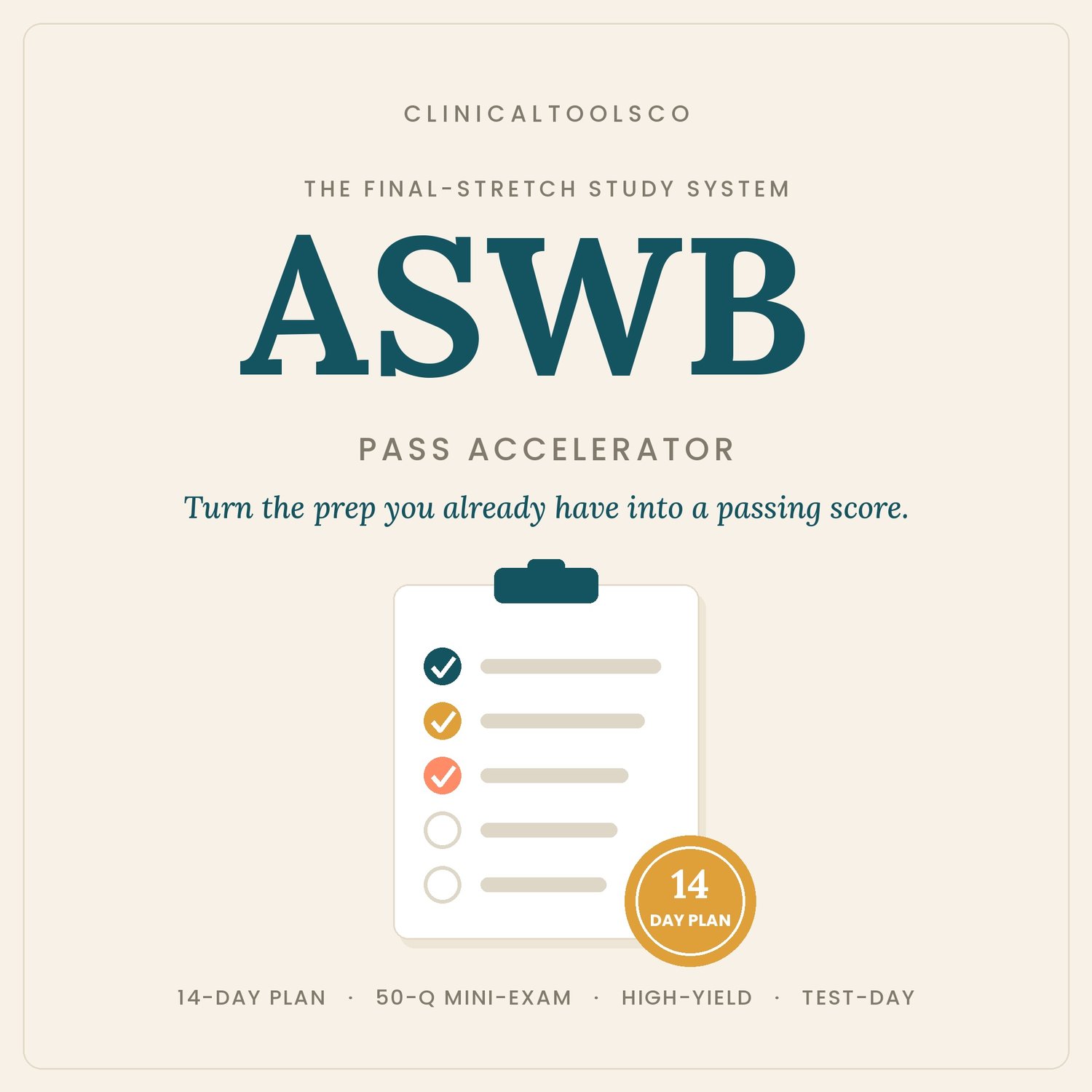 Cover of ASWB Clinical 14 Day Study Plan for the LCSW Exam