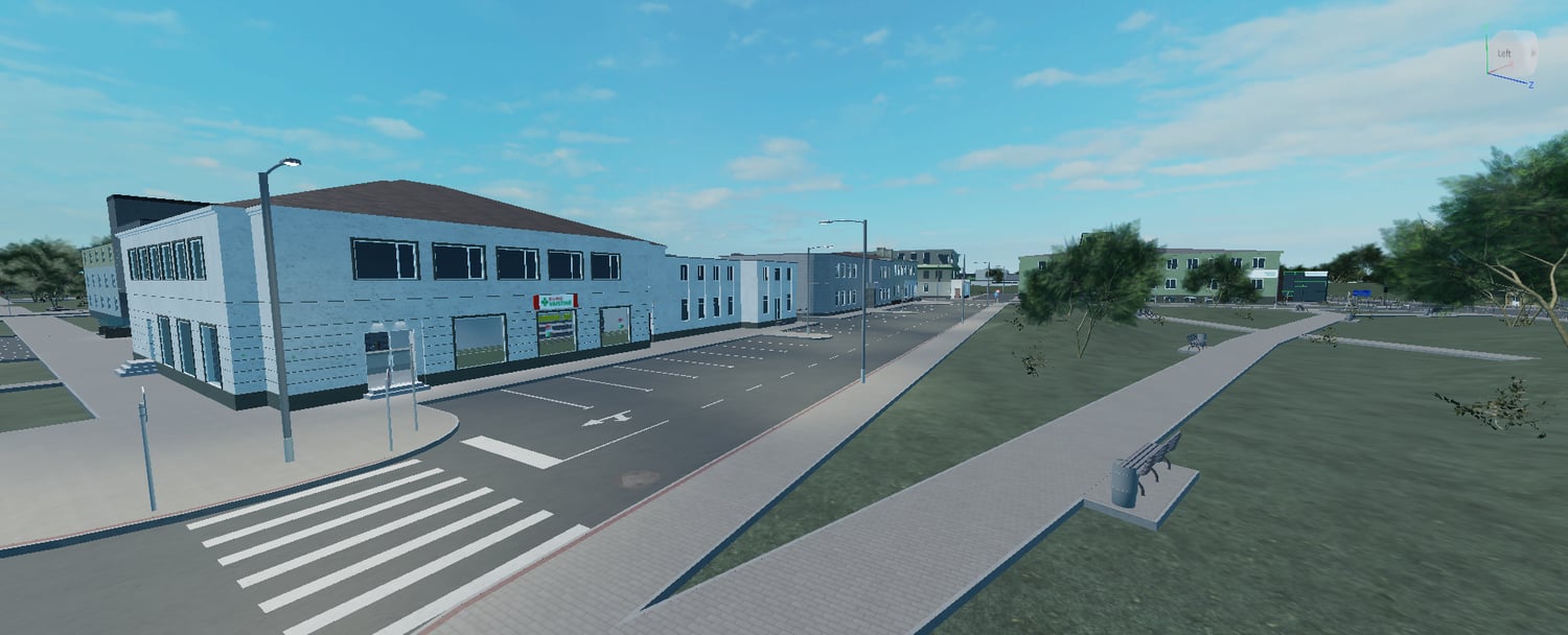 Large Roblox city map with road signs and urban buildings
