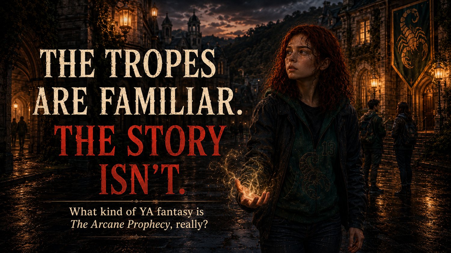 16:9 promotional image for an article about The Arcane Prophecy and YA fantasy tropes. Yote Diamondback stands on a rain-slick Arcane campus at dusk, wearing a green Scorpii hoodie and dark jacket while faint golden magic glows in her open hand. Scorpii b