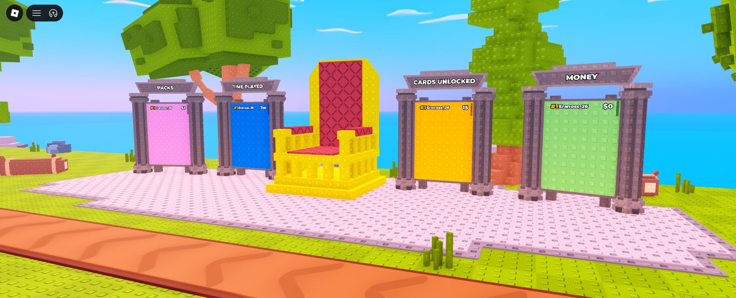 Roblox player base with card placement pads and cash generation