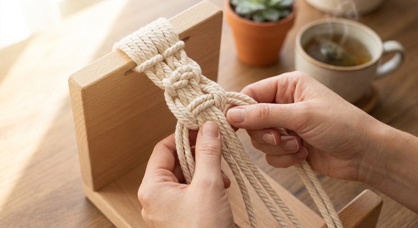 Close-up of hands tying a square knot with cotton macramé cord, demonstrating beginner macramé knotting technique for therapeutic DIY crafting and bohemian wall hanging creation.