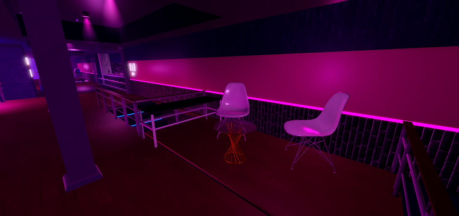 Neon-lit Roblox nightclub interior with decorative artwork