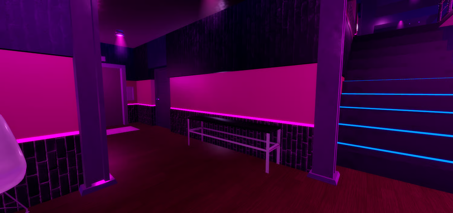 Illuminated Roblox nightclub dance floor and ceiling lights