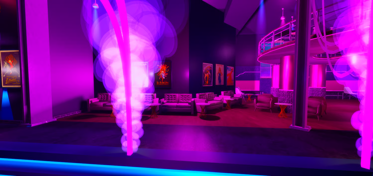 Upper balcony with umbrella seating in Roblox nightclub
