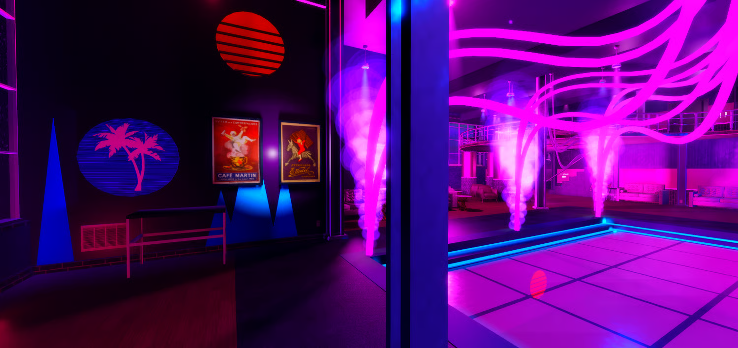 Roblox nightclub pool area with neon lighting