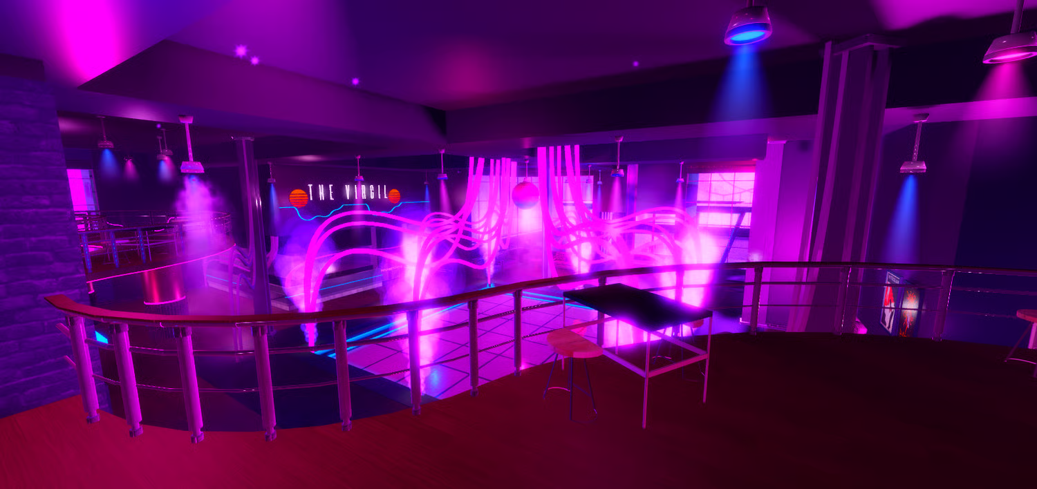 Roblox nightclub lounge area with sofas and glass walls
