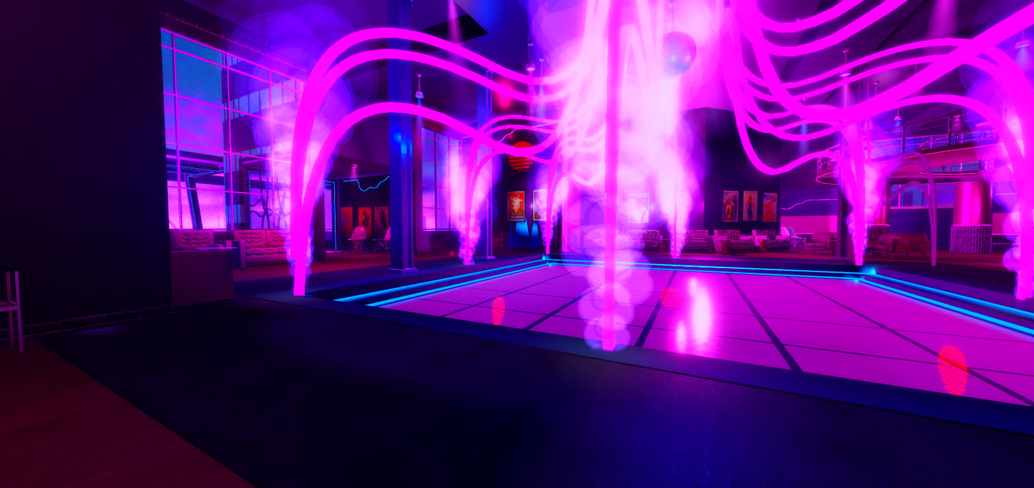 Roblox nightclub with purple neon dance floor