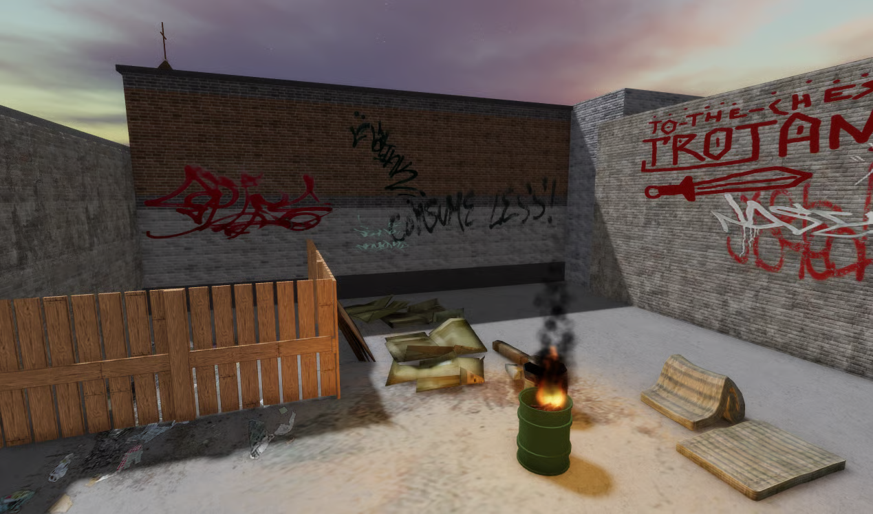 Weathered butcher shop exterior with graffiti