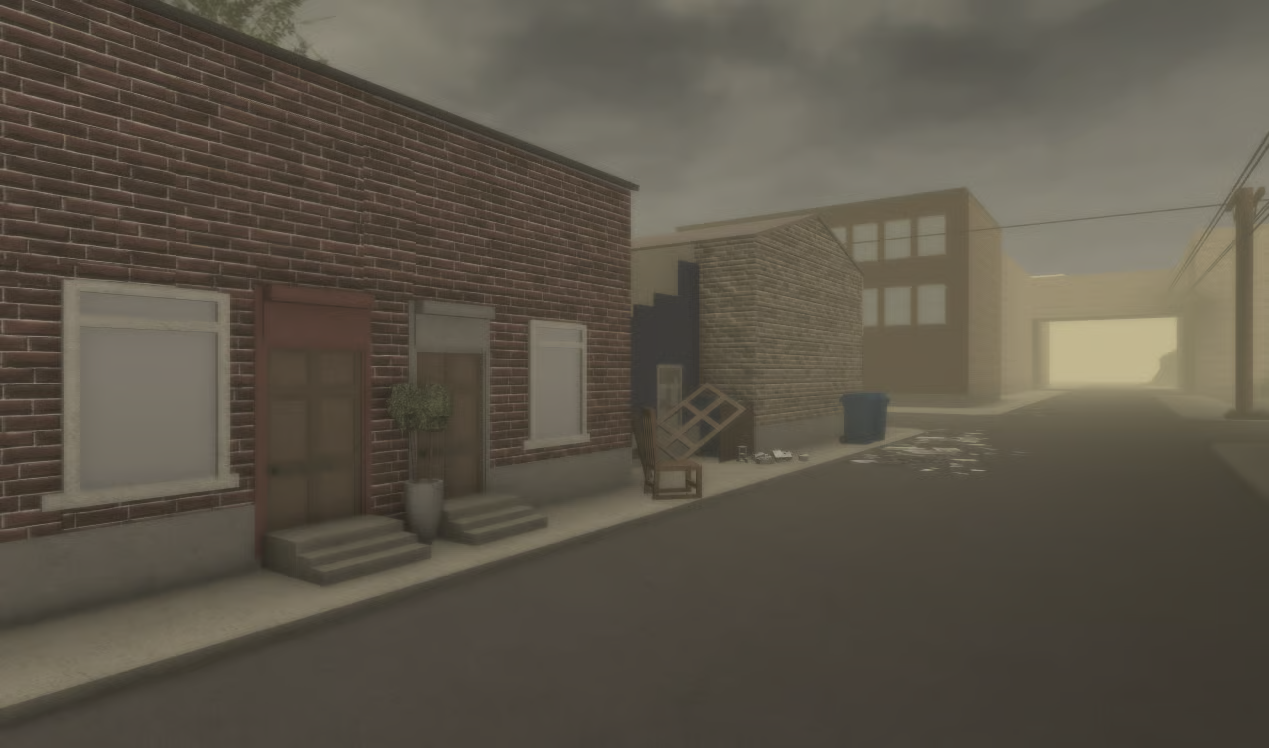 Overgrown alley with graffiti and abandoned vehicle