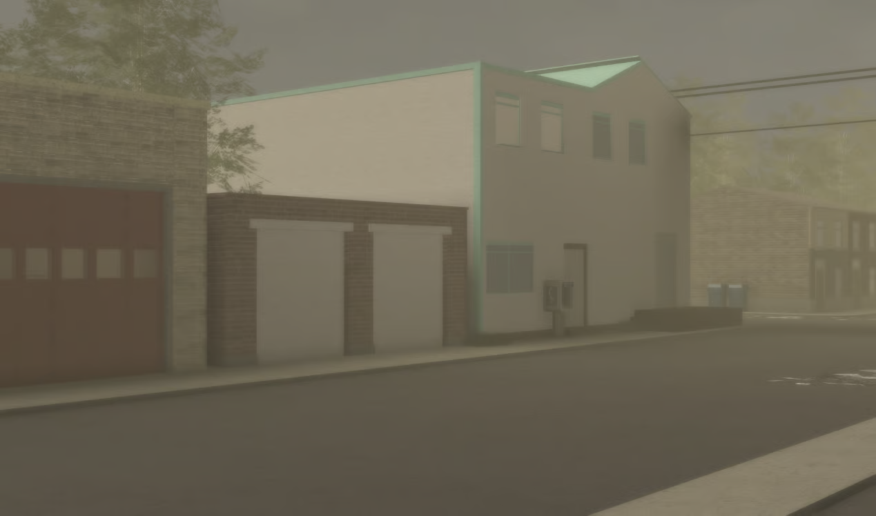 Brick buildings along a Roblox neighborhood street