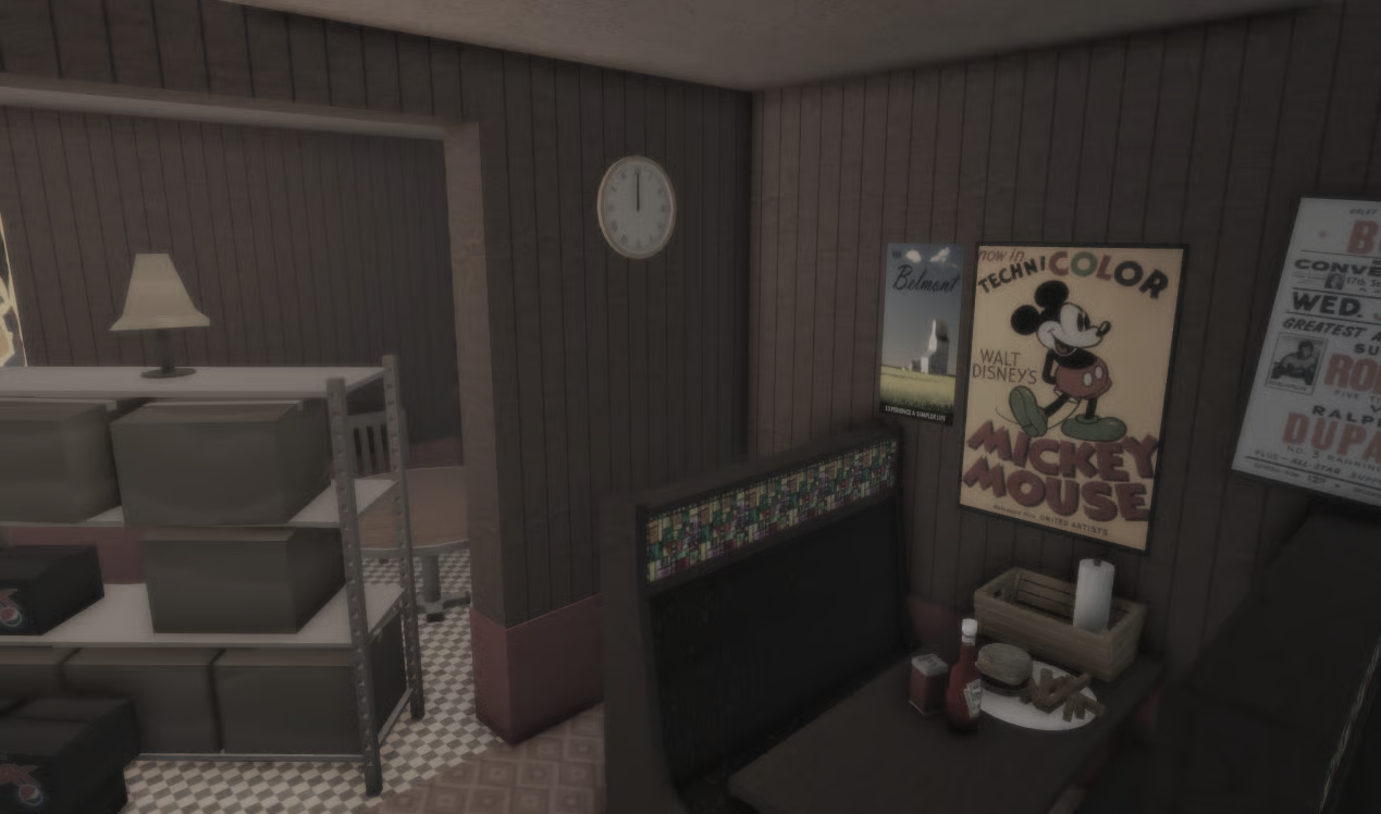 Vintage-themed garage bar environment in Roblox