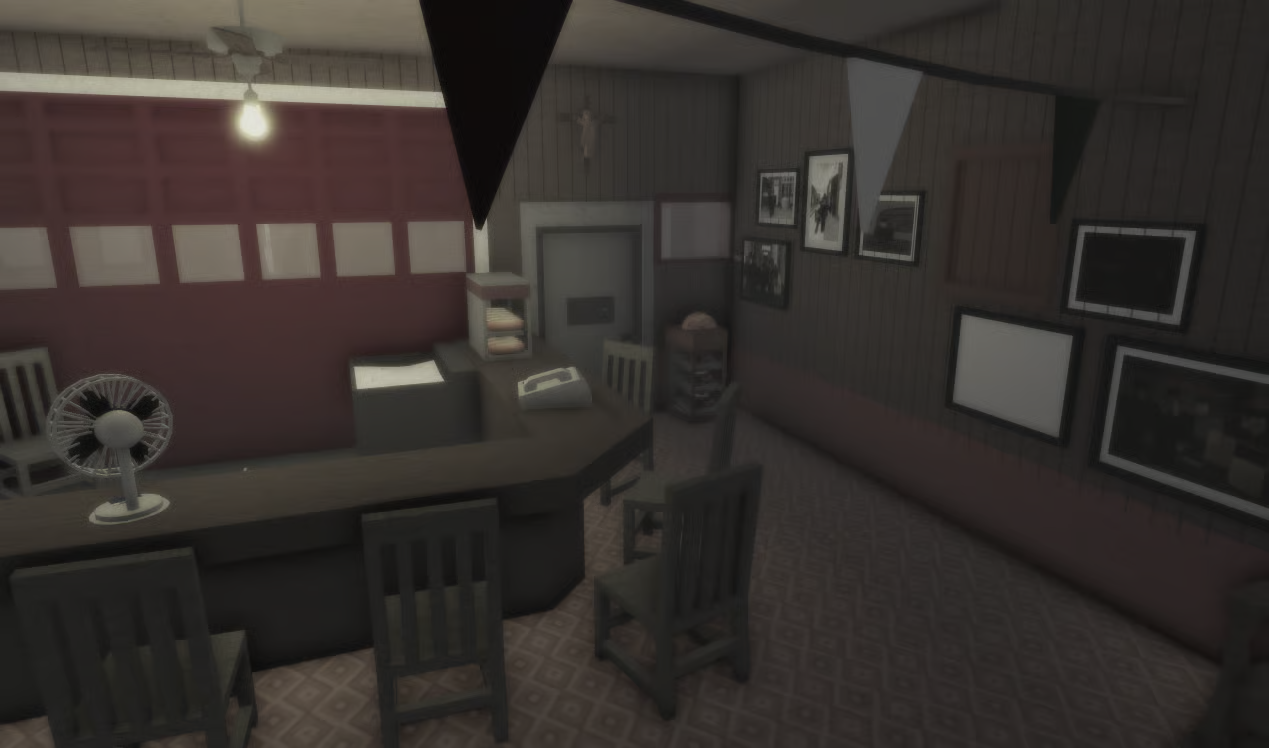 Retro jukebox and wall decorations inside garage bar