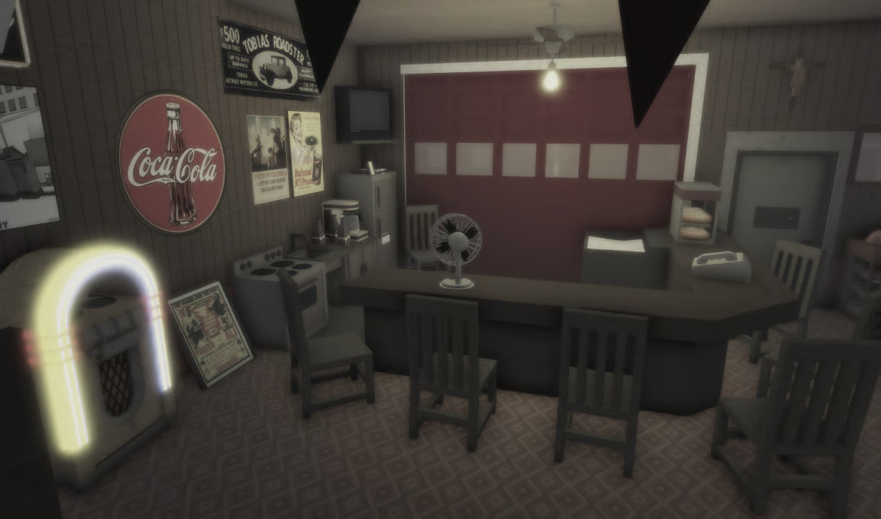 Garage bar interior with vintage wooden walls in Roblox