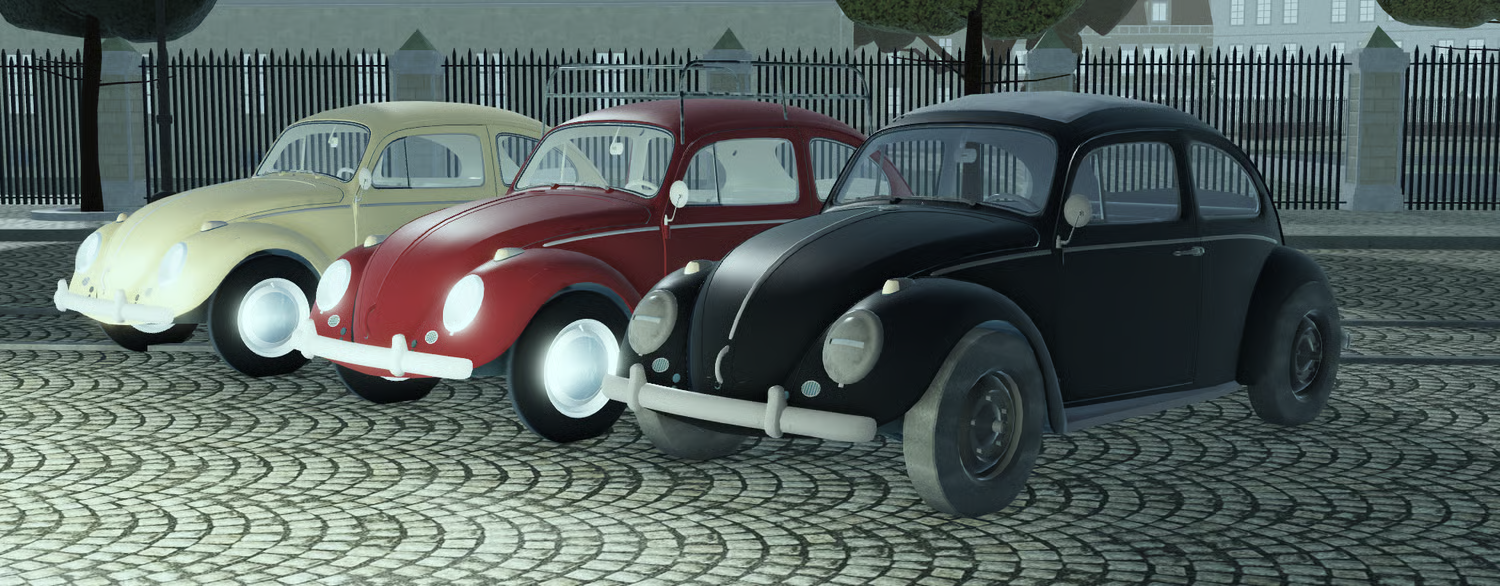 Three classic compact cars in black red and light yellow