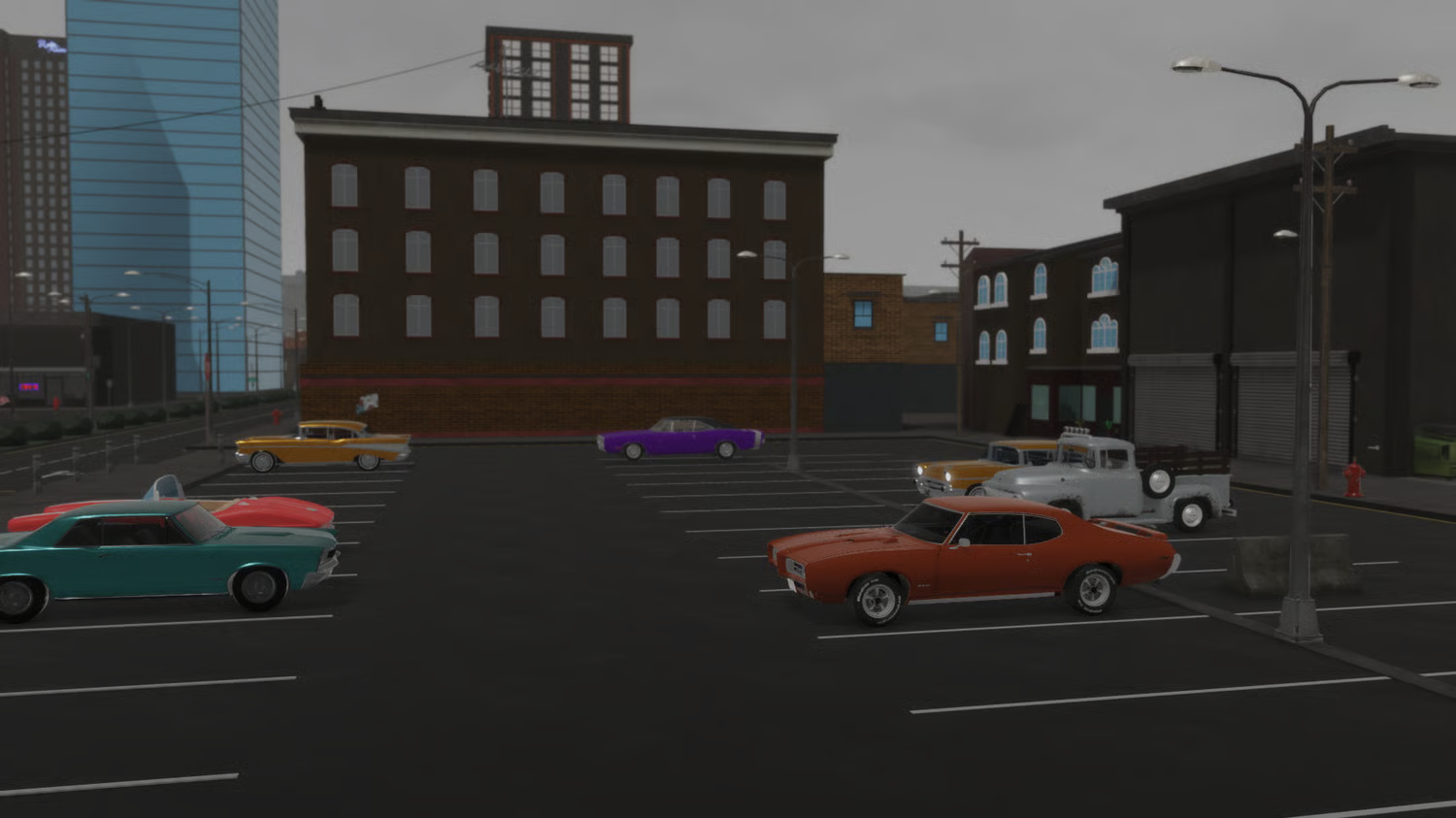 Detailed 1970s urban street with working street lights