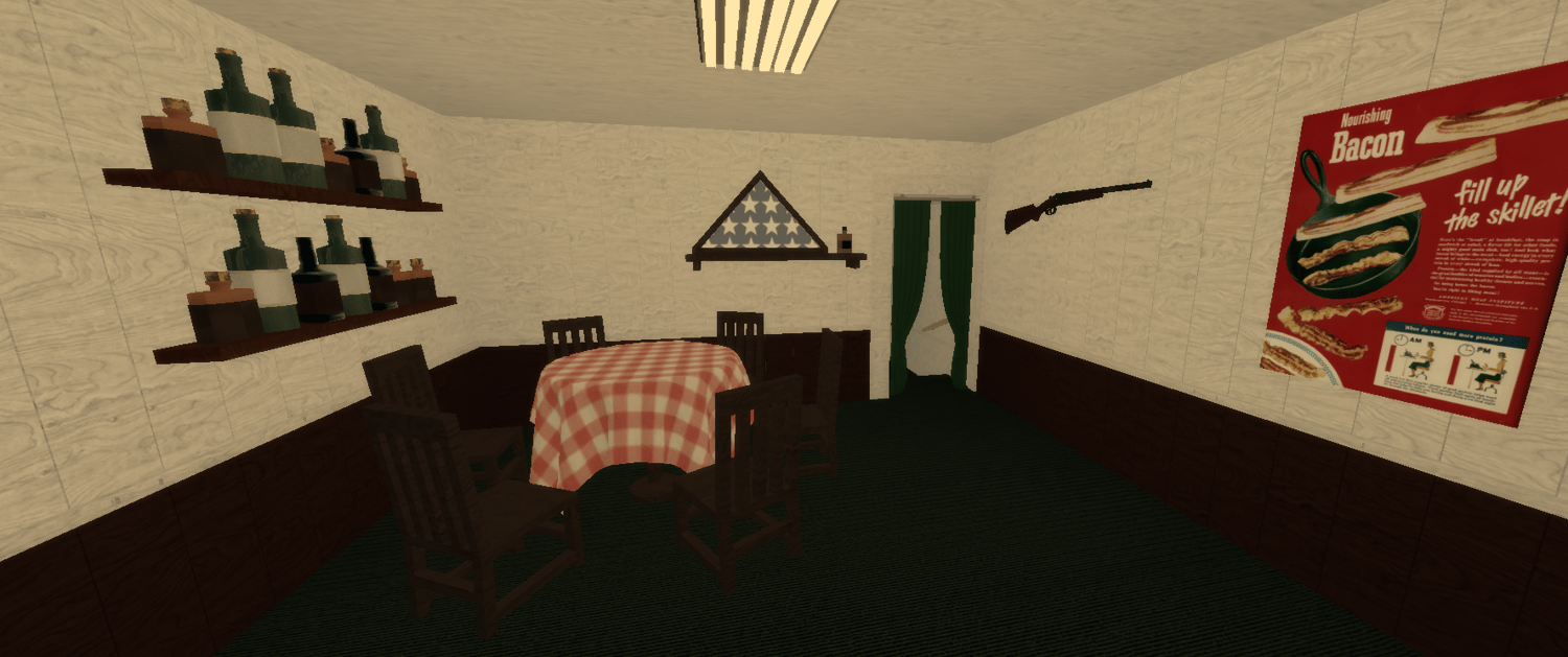 Detailed vintage butcher shop interior with counter and seating