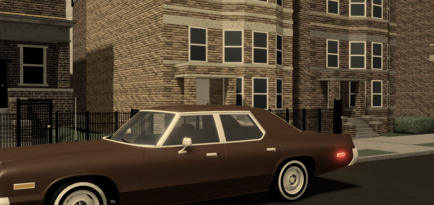 Detailed Roblox vintage neighborhood environment with shops and cars