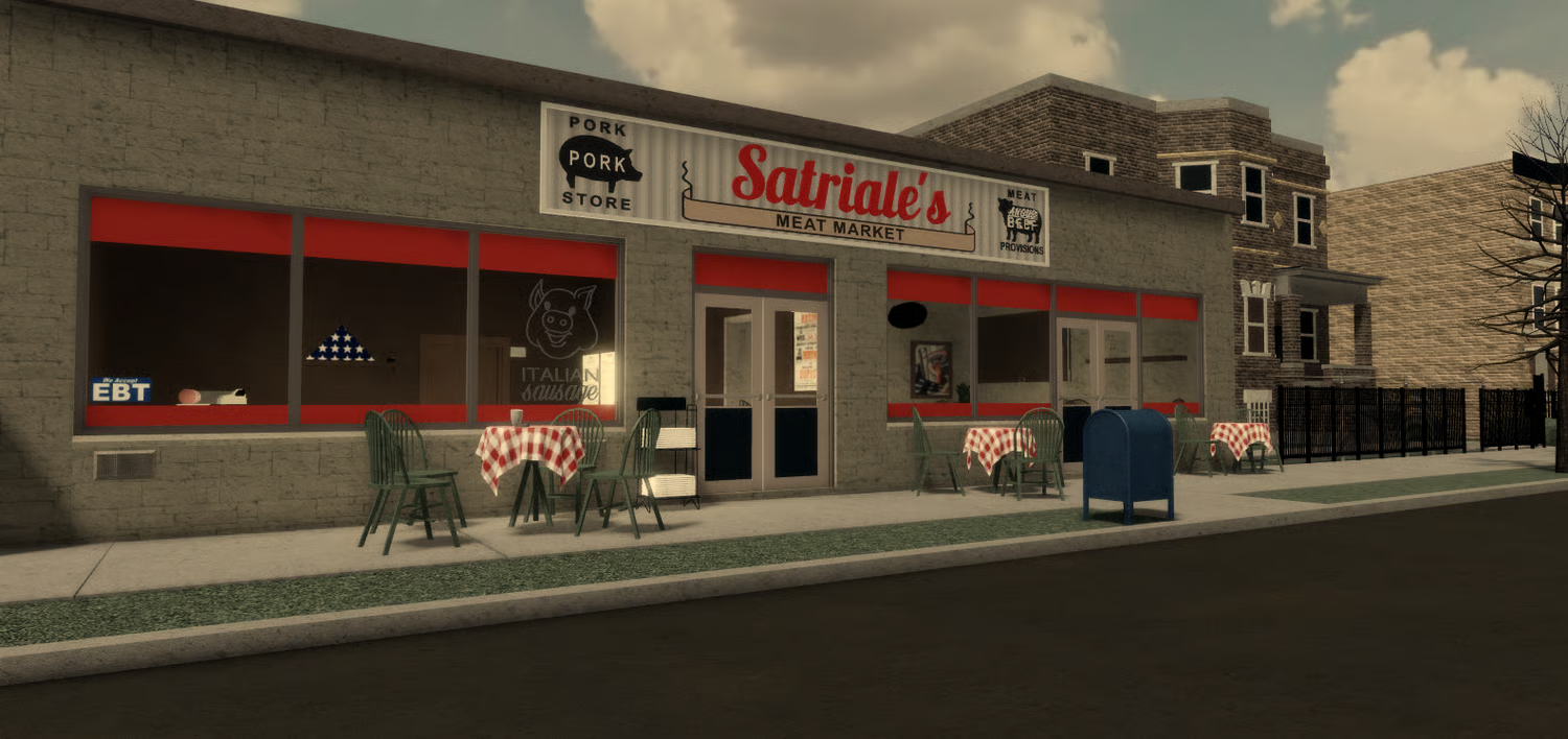 Detailed butcher shop storefront with outdoor seating