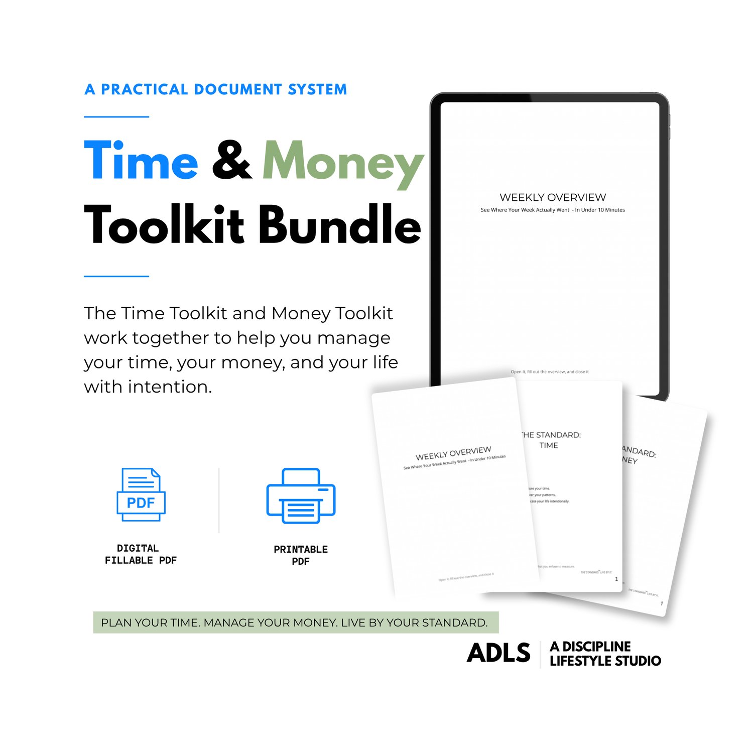 Time and Money Toolkit Bundle by A Discipline Lifestyle Studio featuring printable and digital fillable planning tools for managing time and money.