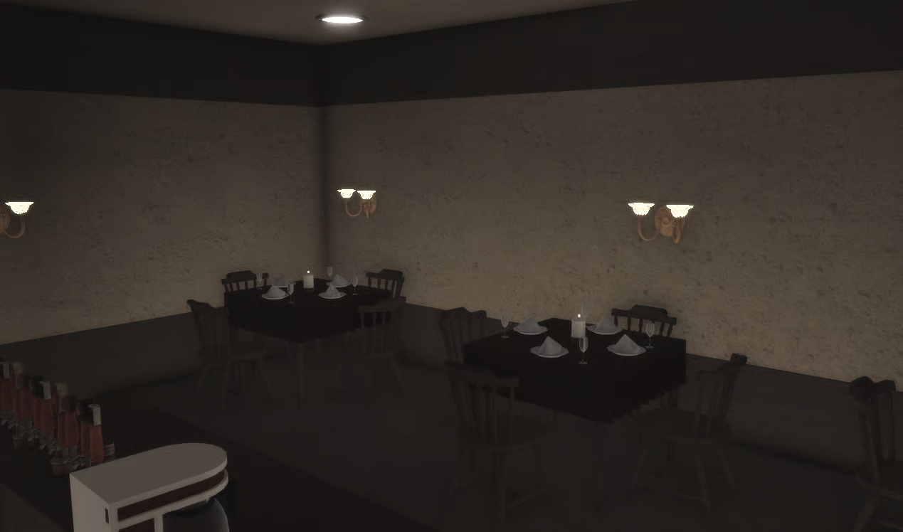 Roblox café dining area with tables and wooden chairs