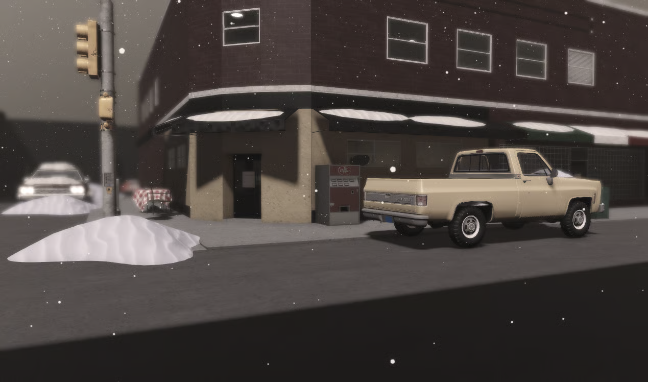 Roblox snowy retro café exterior with vintage vehicle