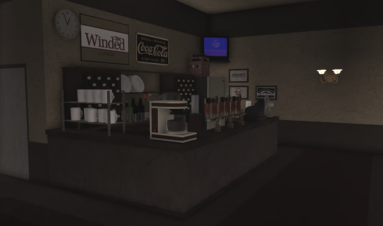 Retro computer desk setup inside Roblox café
