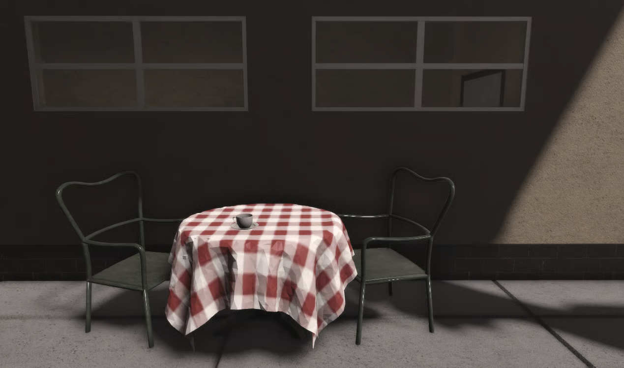 Snow-covered Roblox café parking area with detailed vehicles