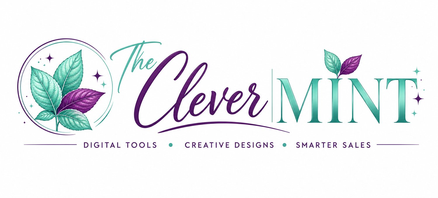 The Clever Mint logo featuring mint leaves in purple and mint green, representing digital tools, creative designs, and smarter sales.