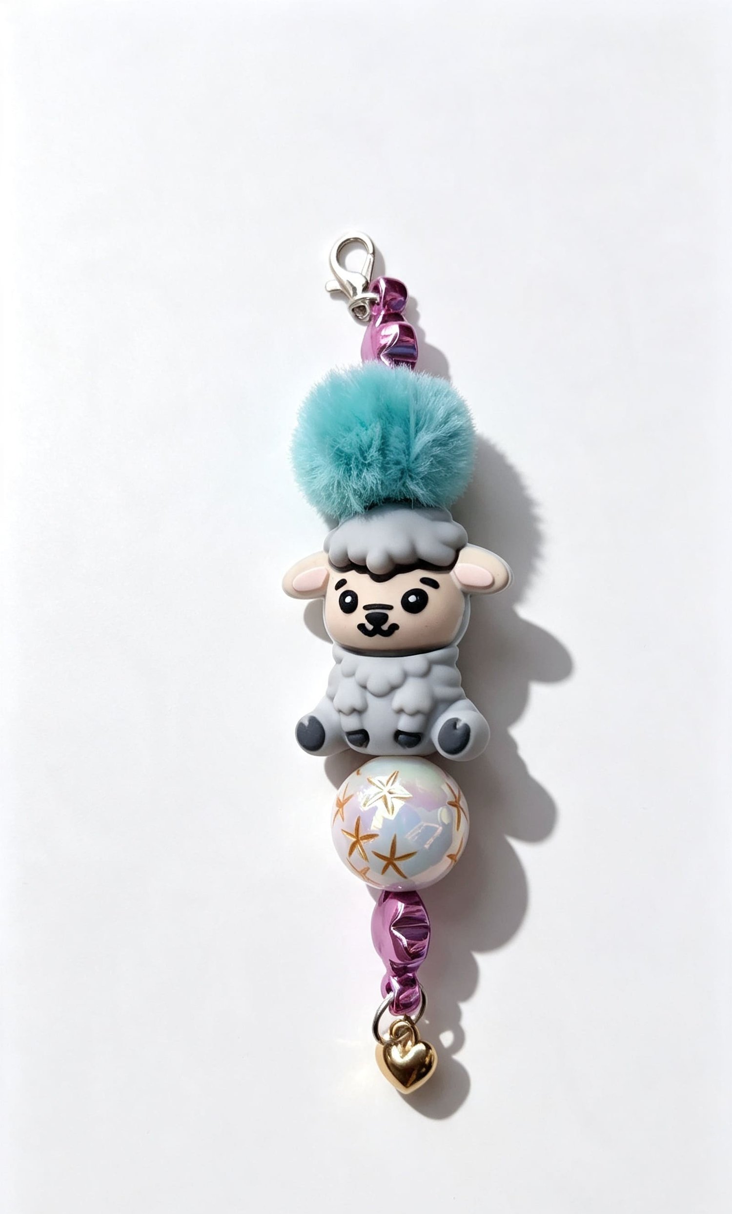 Close-up layout of a custom grey sheep keychain by Sparkling Resin Delights, featuring a grey silicone cartoon sheep charm, a fluffy turquoise pom-pom, a white bead with gold stars, metallic pink spacer rings, and a gold heart accent dangle.