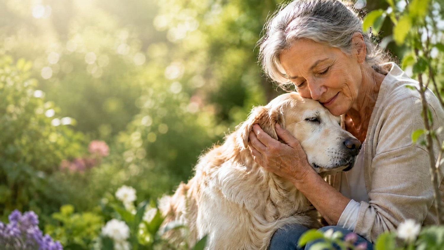 Femme âgée serrant tendrement son chien dans ses bras au cœur d’un jardin verdoyant et lumineux, illustrant le lien humain-animal et l’entraide de SOS Assistance Animale.