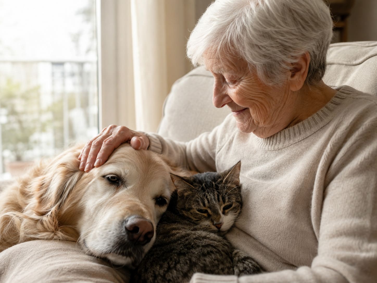 Personne âgée entourée de son chien et de son chat, illustrant l’attachement aux animaux et l’importance d’anticiper leur avenir.