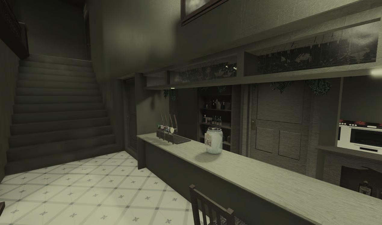 Staff-only kitchen and wine storage area