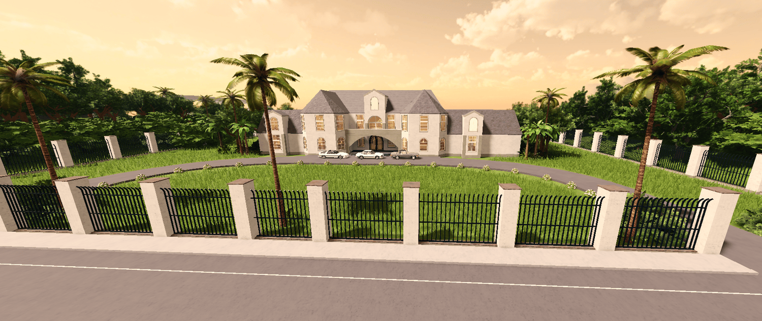 Luxury island villa Roblox mansion exterior with three cars