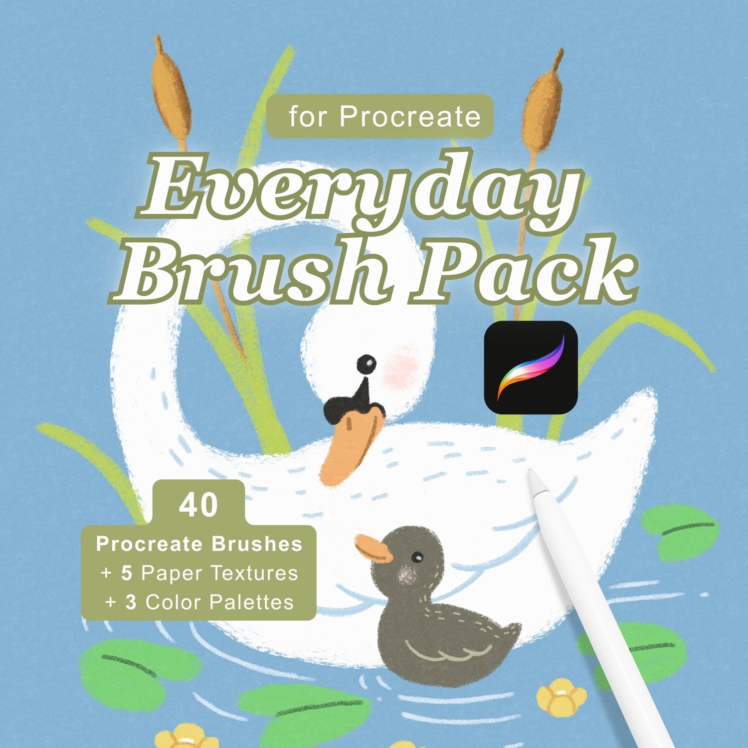 Everyday Brush Pack with 37 handmade Procreate brushes for illustration, sketching, line art, coloring and texture