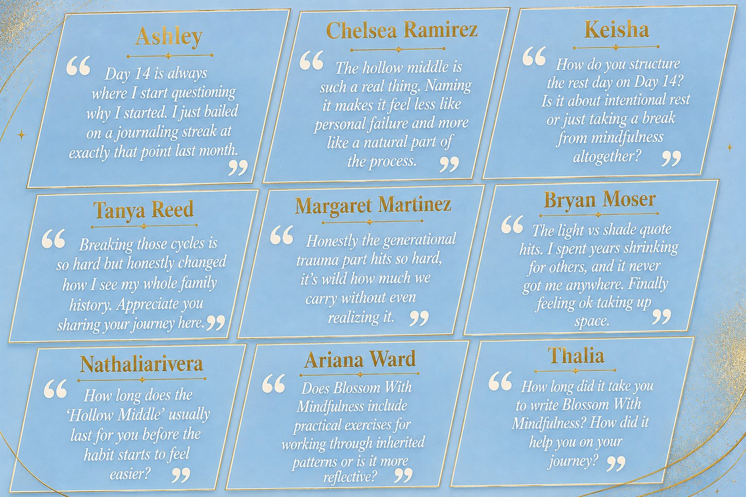 Blossom With Mindfulness reader testimonials — real comments on healing anxiety, generational trauma & emotional wellness