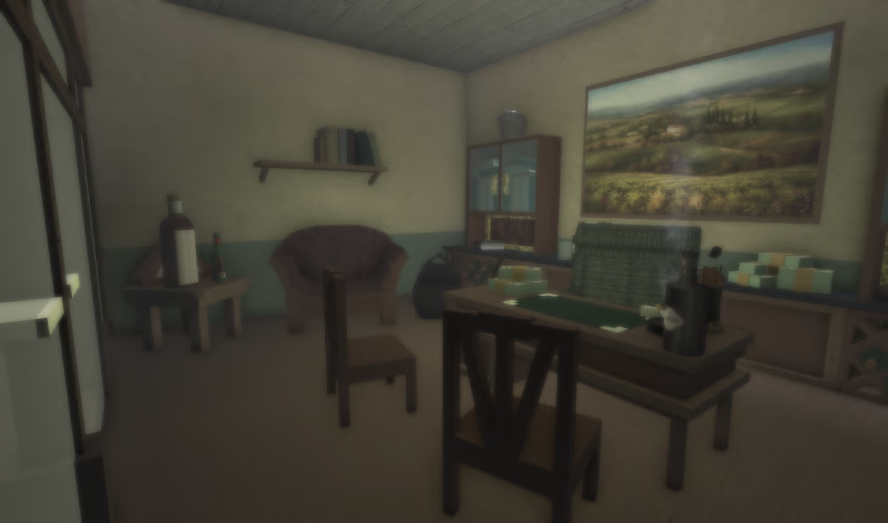 Rustic hideout exterior with vintage vehicle