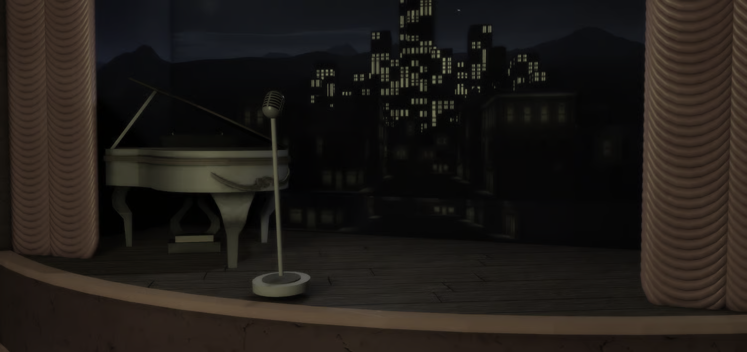Vintage Roblox jazz lounge interior with stage and grand piano