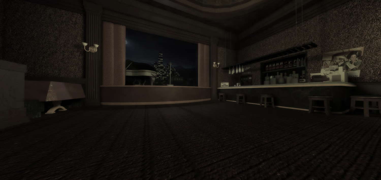 Roblox jazz lounge seating area with tables and chandeliers
