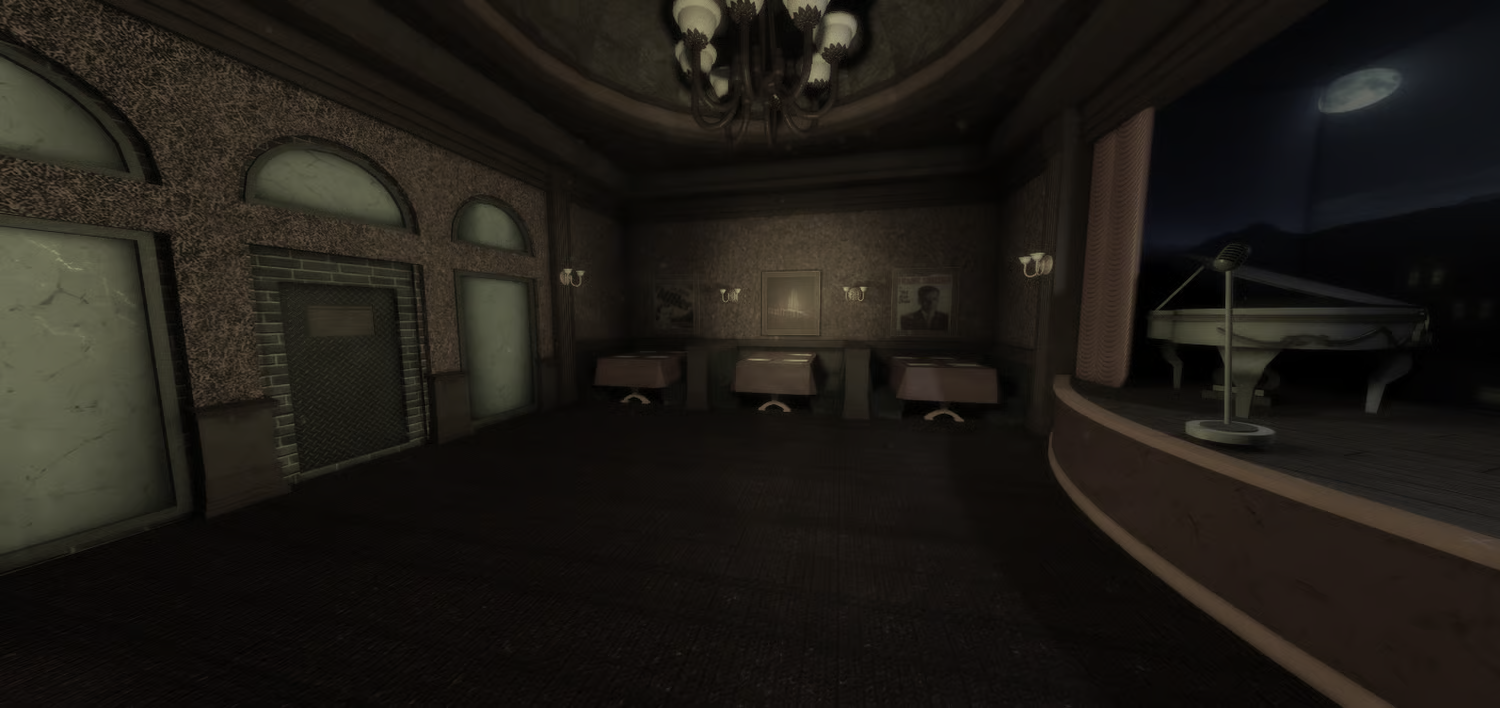 Dark jazz club lounge with nighttime city view