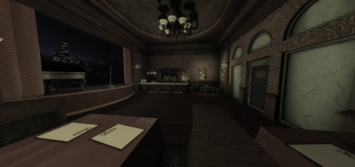 Detailed Roblox bar interior with counter stools and bottles