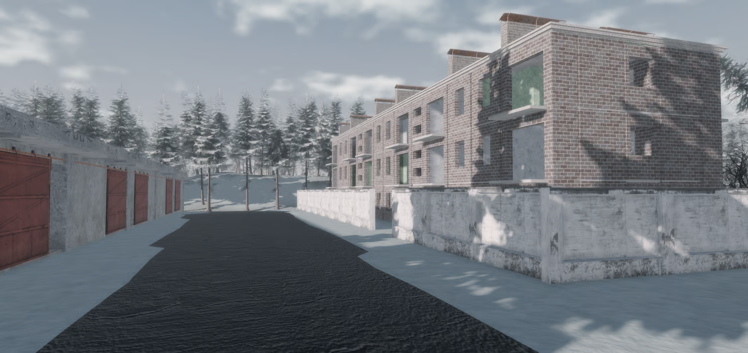 Garage compound beside a snowy road in Roblox
