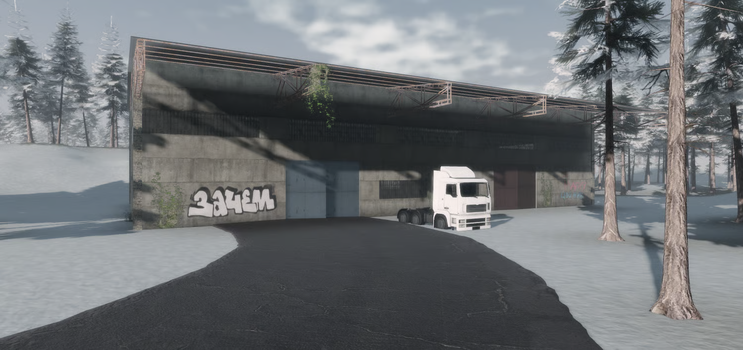 Large Roblox Soviet winter driving map with forests, roads, garages, and buildings