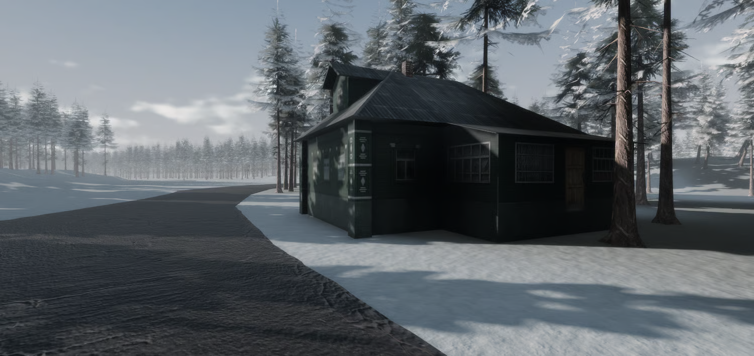 Soviet rural house beside snowy driving road