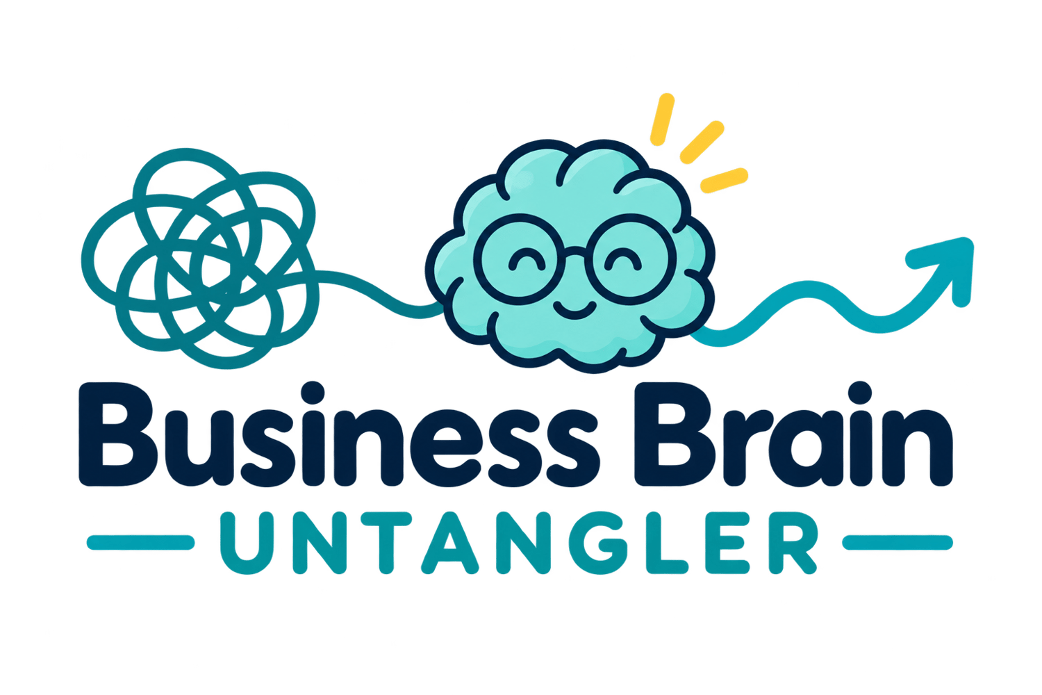A doodle image of a tangle of yarn leading to a brain wearing glasses and a smile with a yellow sparkle coming out and a wavy arrow. Underneath in turquoise writing, it says 'Business Brain Untangler'