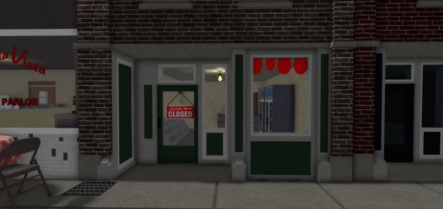 Small authentic Italian pizzeria exterior in 1960s style